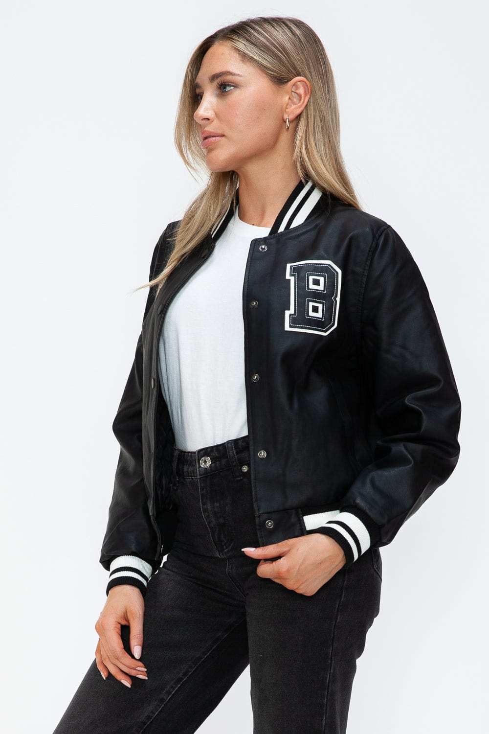 Love Me Now PU Leather Contrast Snap Down Bomber Jacket - Trendsi - Flyclothing LLC