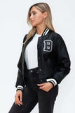 Love Me Now PU Leather Contrast Snap Down Bomber Jacket - Trendsi - Flyclothing LLC