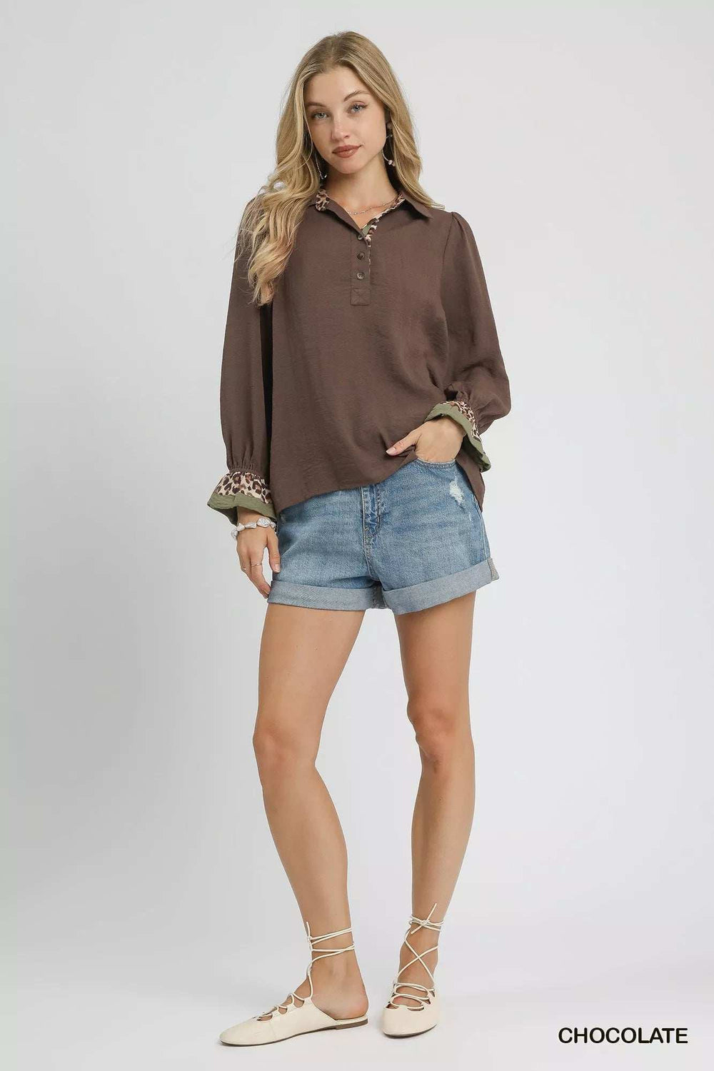 Umgee Half Button Blouse with Leopard Print Trim - Trendsi - Flyclothing LLC