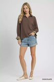 Umgee Half Button Blouse with Leopard Print Trim - Trendsi - Flyclothing LLC