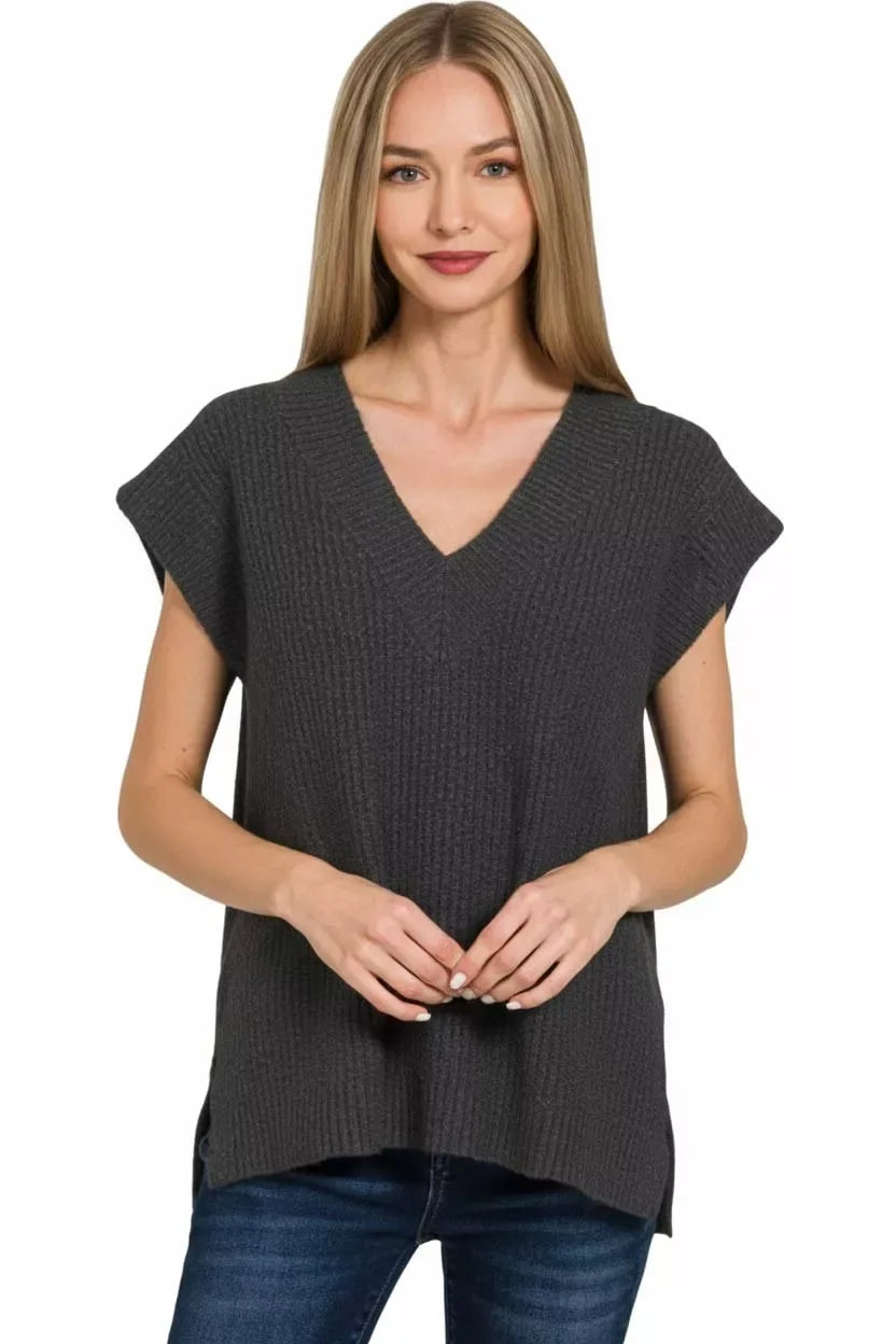 Zenana Ribbed Slit V-Neck Sweater Vest - Trendsi - Flyclothing LLC