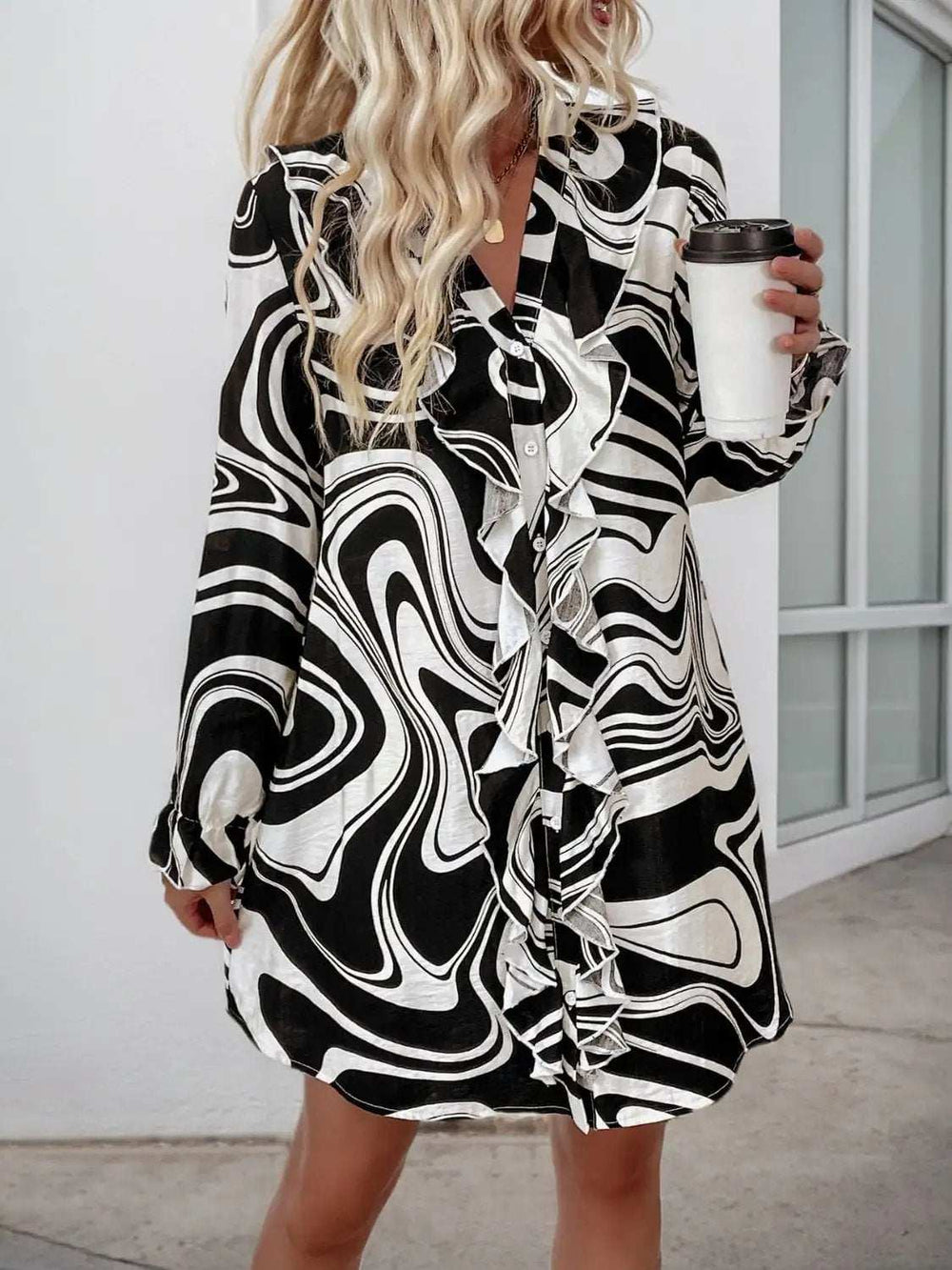 Perfee Ruffled Printed V-Neck Long Sleeve Dress - Trendsi - Flyclothing LLC