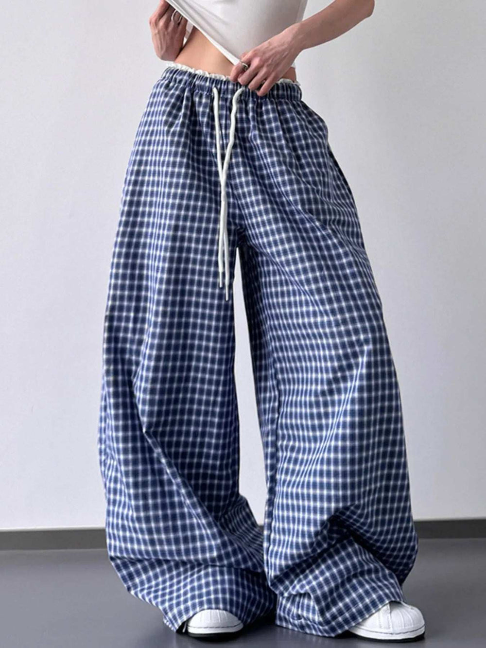 Drawstring Plaid Wide Leg Pants - Trendsi - Flyclothing LLC