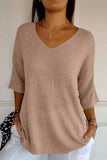 V-Neck Three-Quarter Sleeve Knit Top - Trendsi - Flyclothing LLC