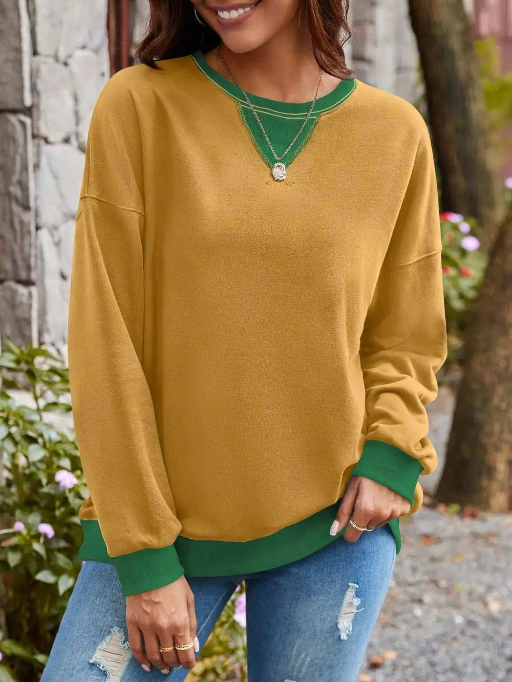 Contrast Round Neck Long Sleeve Sweatshirt - Trendsi - Flyclothing LLC