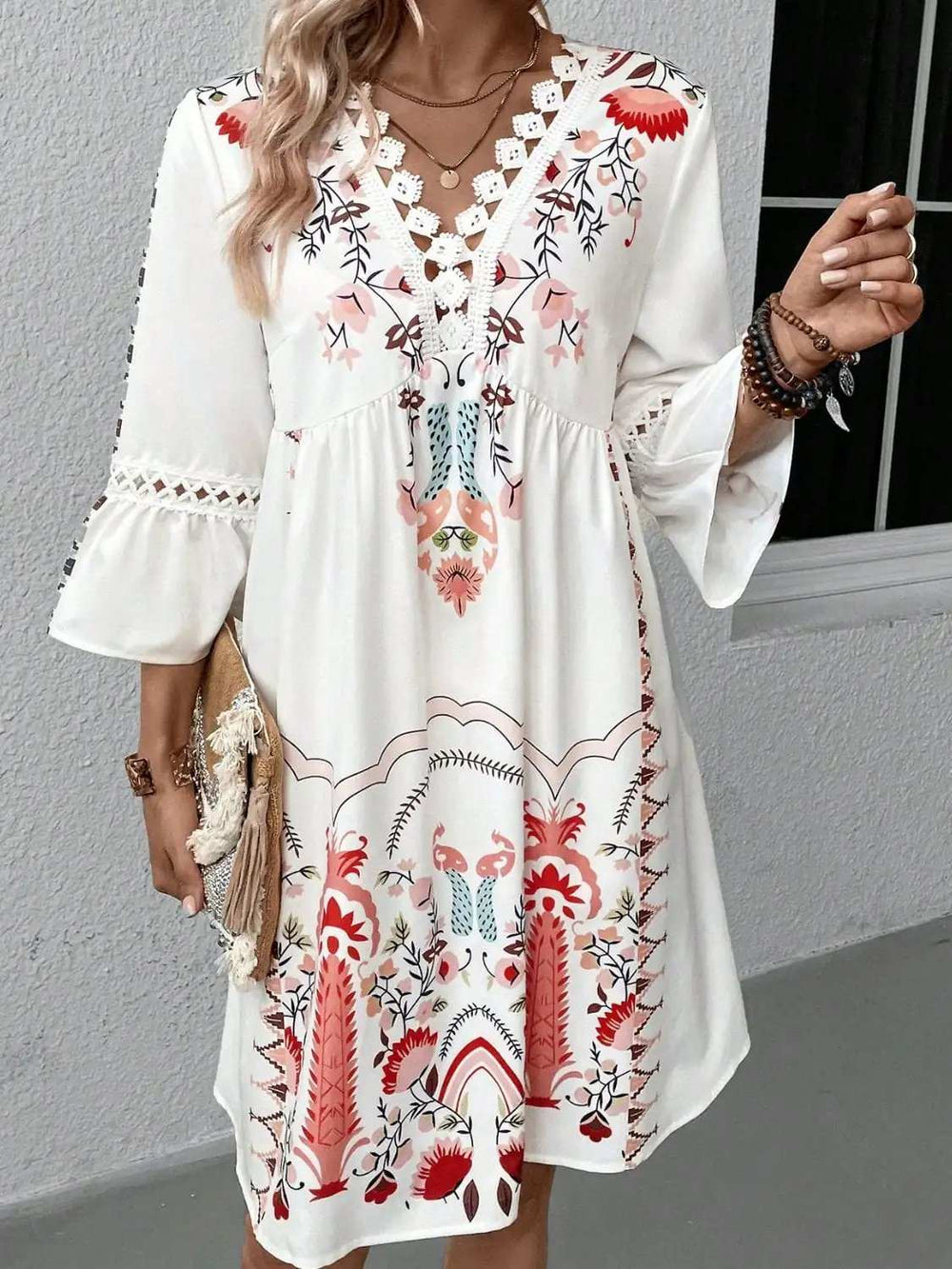 Lace Detail Printed Three-Quarter Sleeve Dress - Trendsi - Flyclothing LLC