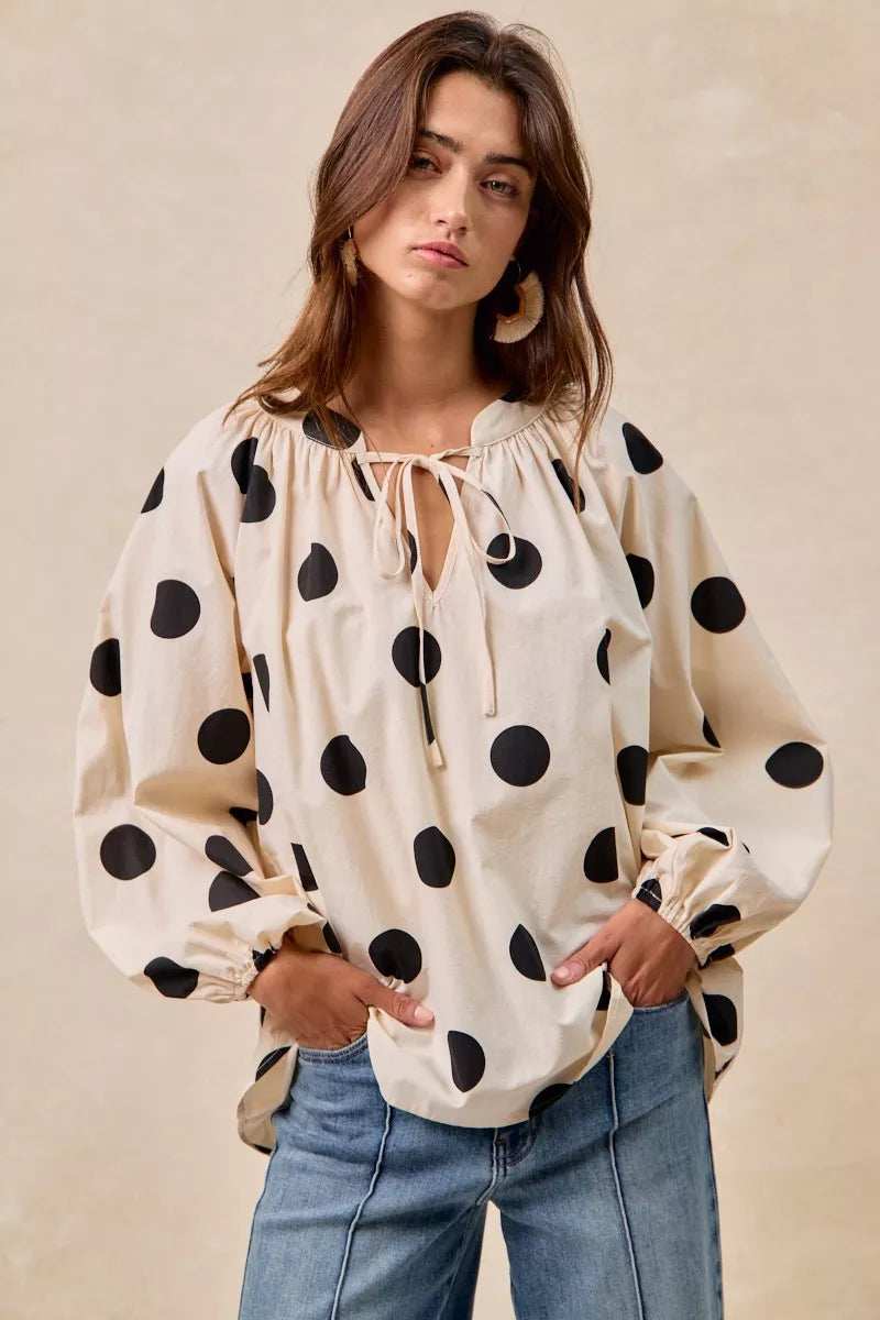 BiBi Polka Dot Exaggerated Balloon Sleeves Blouse - Trendsi - Flyclothing LLC