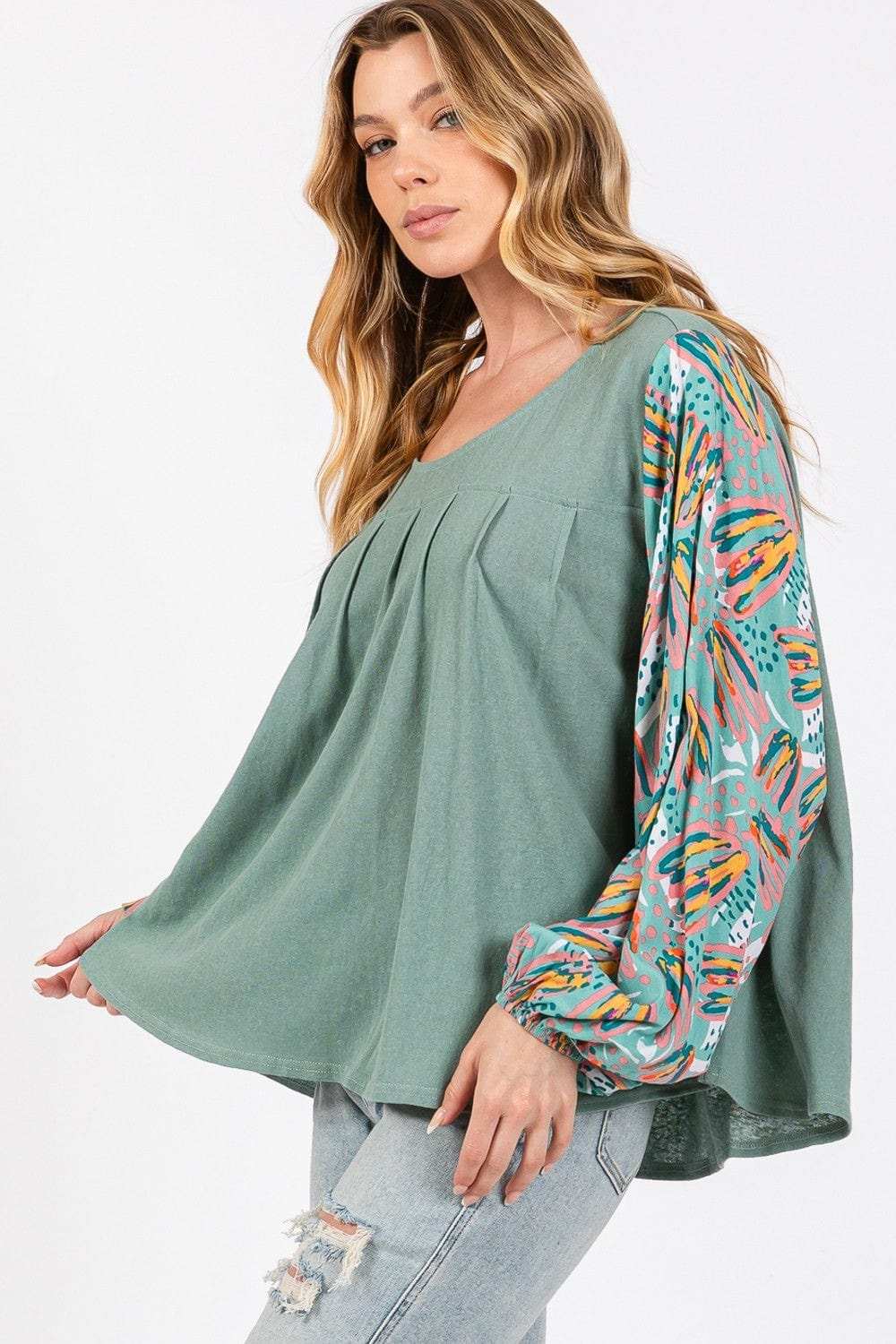 SAGE + FIG Ruched Round Neck Printed Bubble Sleeve Top - Trendsi - Flyclothing LLC