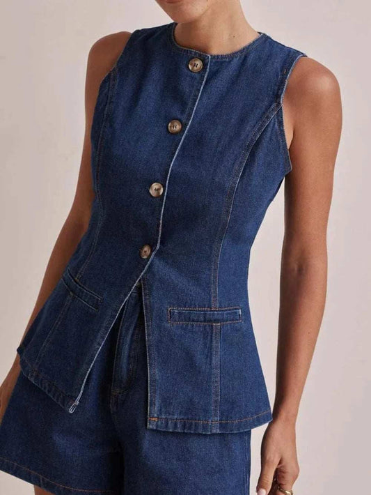 Button Down Denim Vest - Trendsi - Flyclothing LLC
