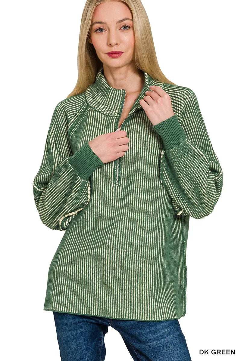 Zenana Ribbed Two Tone Half Zip Sweater - Trendsi - Flyclothing LLC
