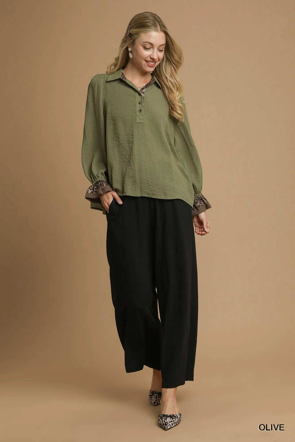 Umgee Half Button Blouse with Leopard Print Trim - Trendsi - Flyclothing LLC