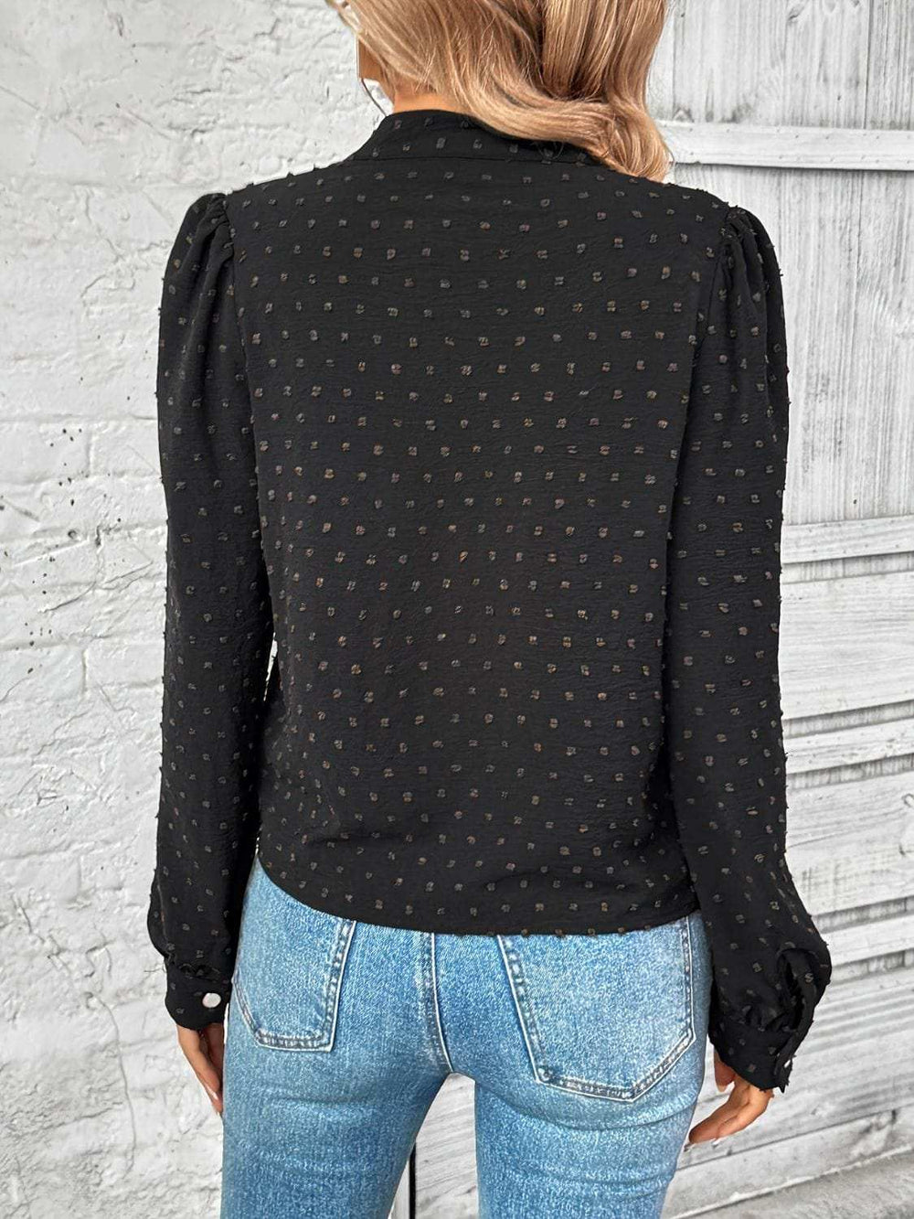 Swiss Dot Mock Neck Long Sleeve Blouse - Trendsi - Flyclothing LLC
