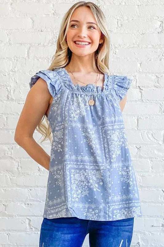 And The Why Boho Print Rayon Linen Ruffle Baby Doll Tank Top - Trendsi - Flyclothing LLC