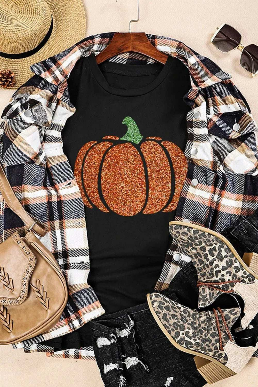 Glitter Pumpkin Round Neck Short Sleeve T-Shirt - Trendsi - Flyclothing LLC