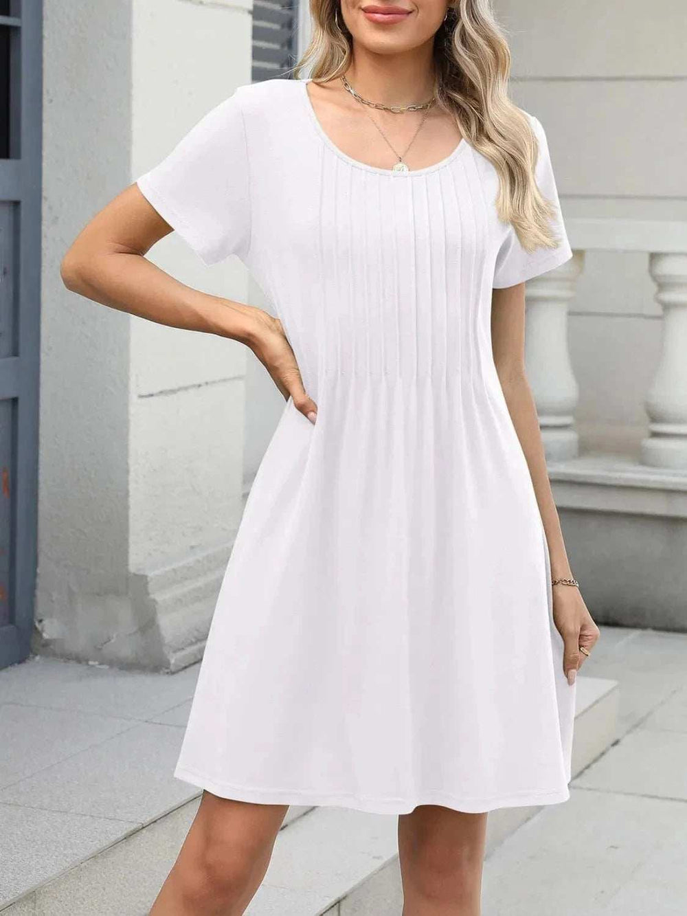 Pleated Front Round Neck Swing Dress - Trendsi - Flyclothing LLC
