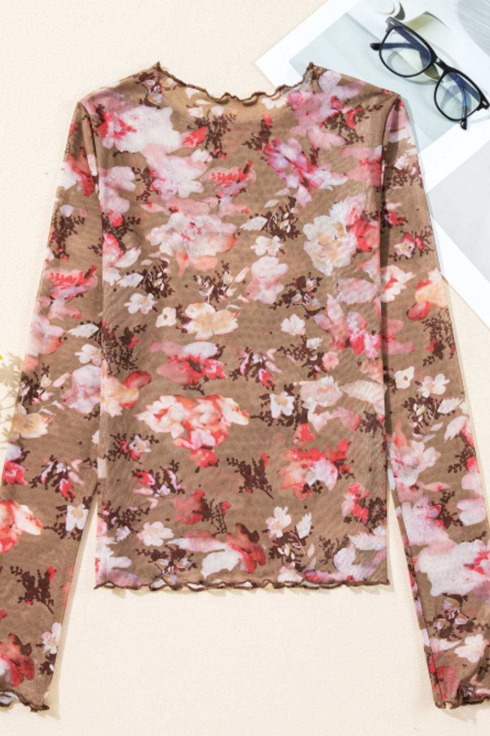 Floral Mock Neck Long Sleeve Sheer Top - Trendsi - Flyclothing LLC