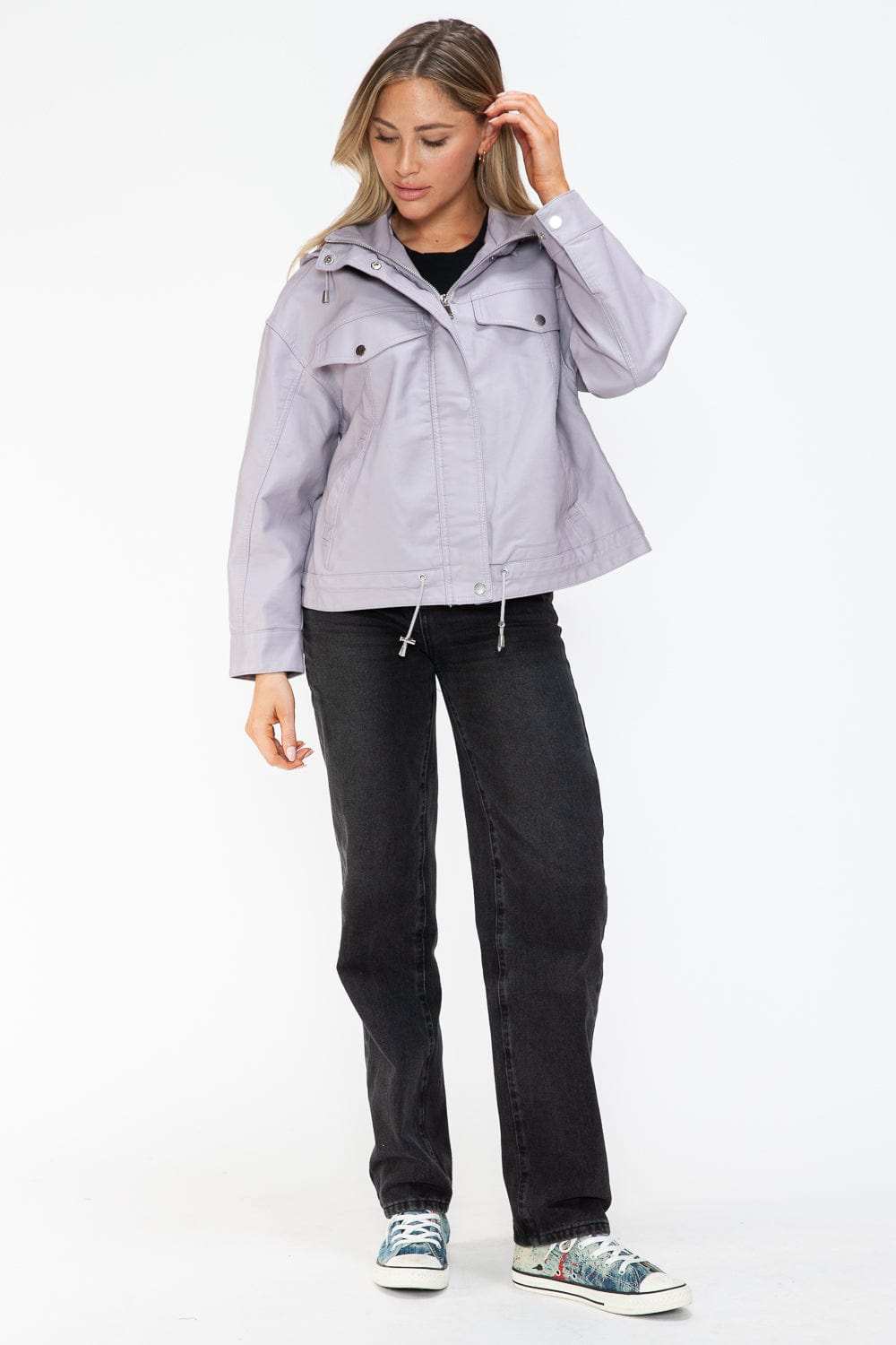 How Dare U Drawstring Hem PU Leather Zip Up Jacket - Trendsi - Flyclothing LLC