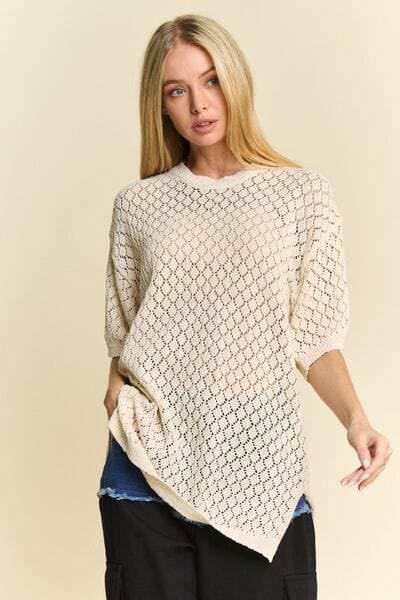 Davi & Dani Side Slit Openwork Round Neck Half Sleeve Knit Cover Up - Trendsi - Flyclothing LLC