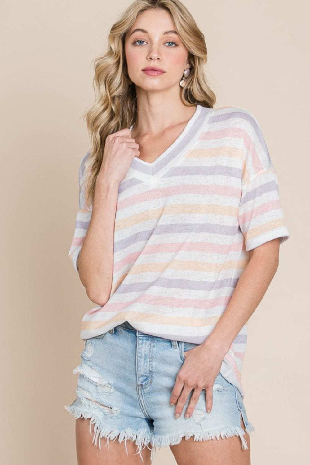 BOMBOM Striped V-Neck Short Sleeve T-Shirt - Trendsi - Flyclothing LLC