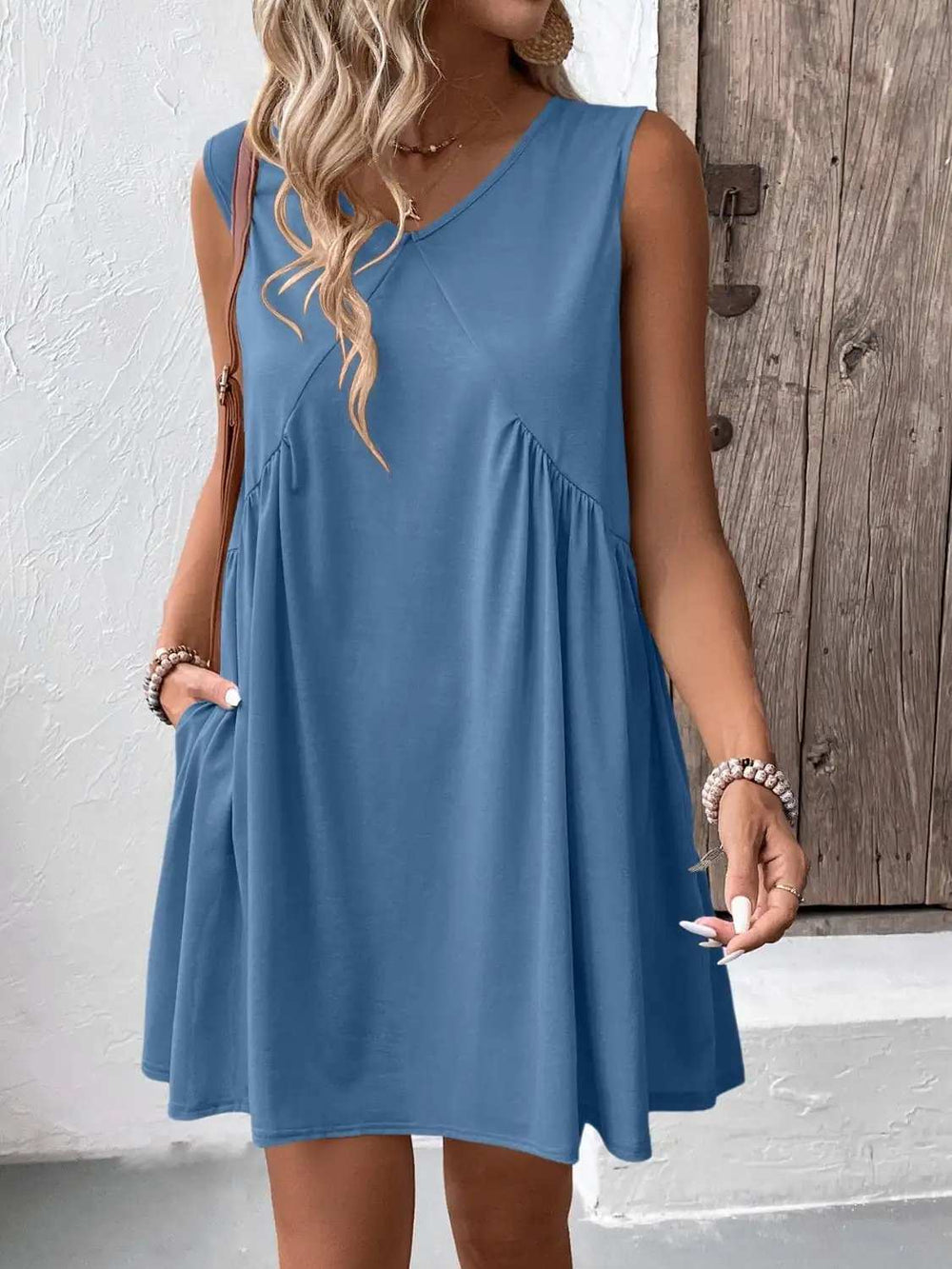 Ivy Lane Ruched V-Neck Sleeveless Mini Dress - Trendsi - Flyclothing LLC