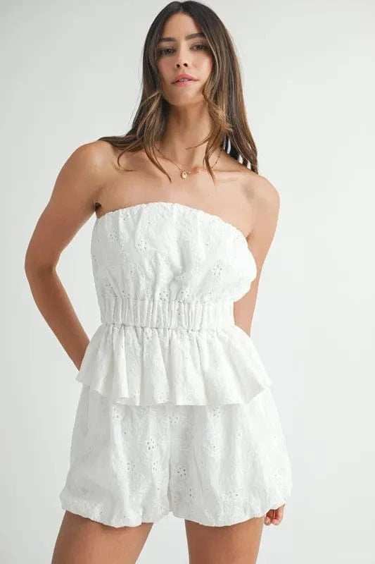 MABLE Floral Eyelet Lace Tube Top and Short Set - Trendsi - Flyclothing LLC