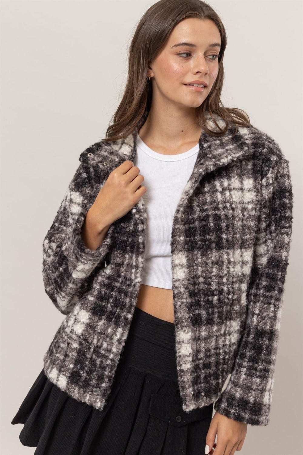 HYFVE Plaid Collared Neck Boucle Jacket with Pockets - Trendsi - Flyclothing LLC