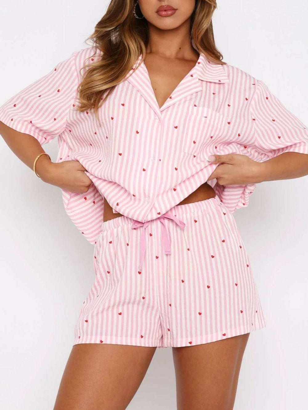 Valentine's Day Printed Collared Neck Short Sleeve Top and Shorts Set - Trendsi - Flyclothing LLC