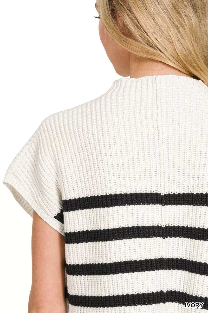 Zenana Short Sleeve Stripe Sweater - Trendsi - Flyclothing LLC