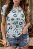 Western Turquoise Printed Crewneck Slim Fit Tee - Trendsi - Flyclothing LLC