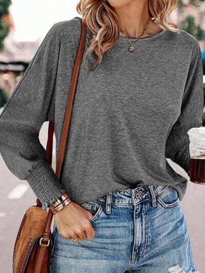 Round Neck Smocked Lantern Sleeve T-Shirt - Trendsi - Flyclothing LLC