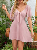 Smocked Back Knotted Flutter Sleeve Dress - Trendsi - Flyclothing LLC
