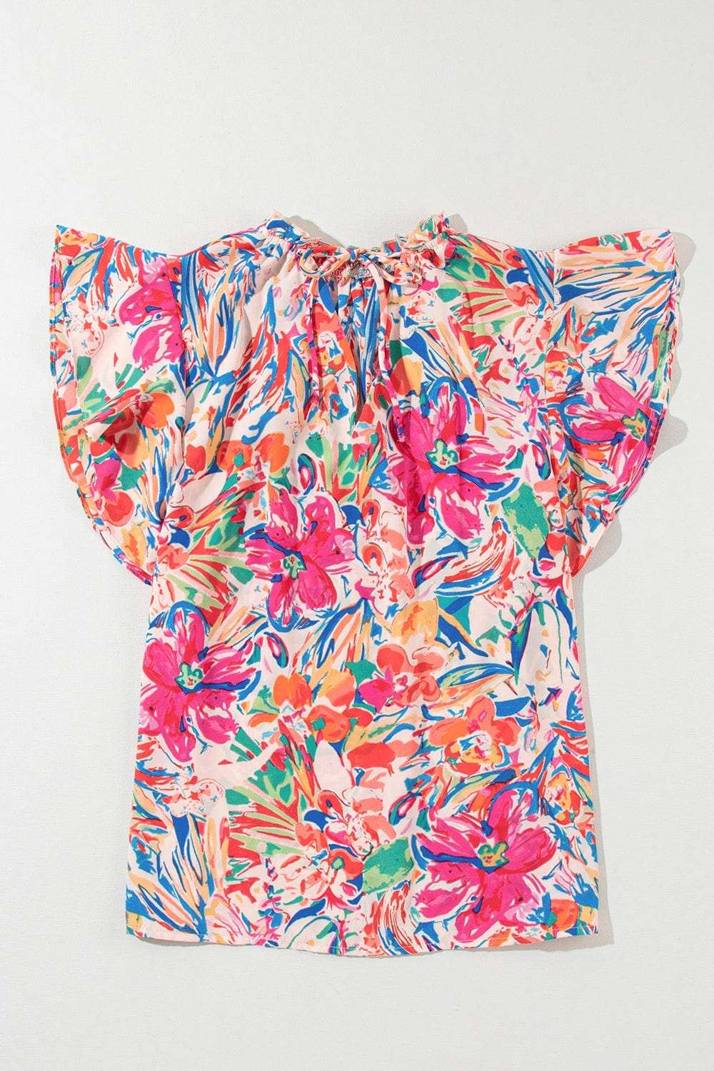 Ruffled Printed Tie Neck Cap Sleeve Blouse - Trendsi - Flyclothing LLC
