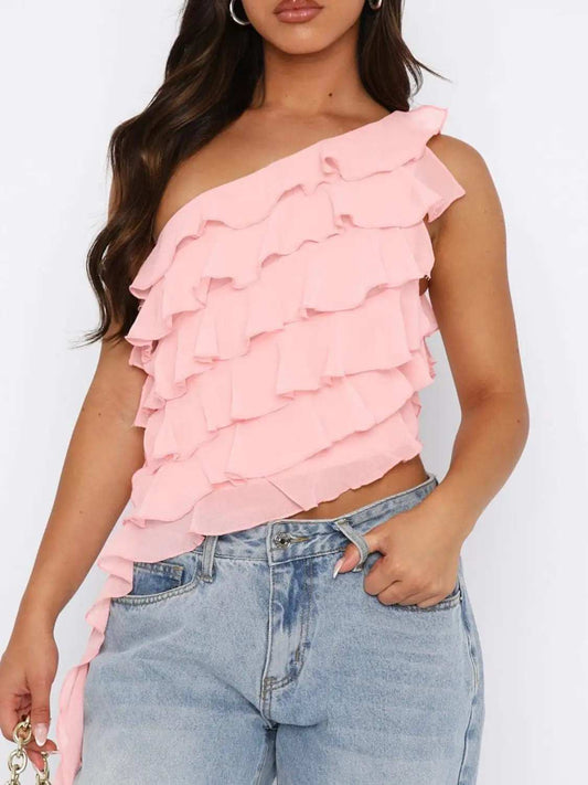 Layered Ruffled One Shoulder Tank - Trendsi - Flyclothing LLC