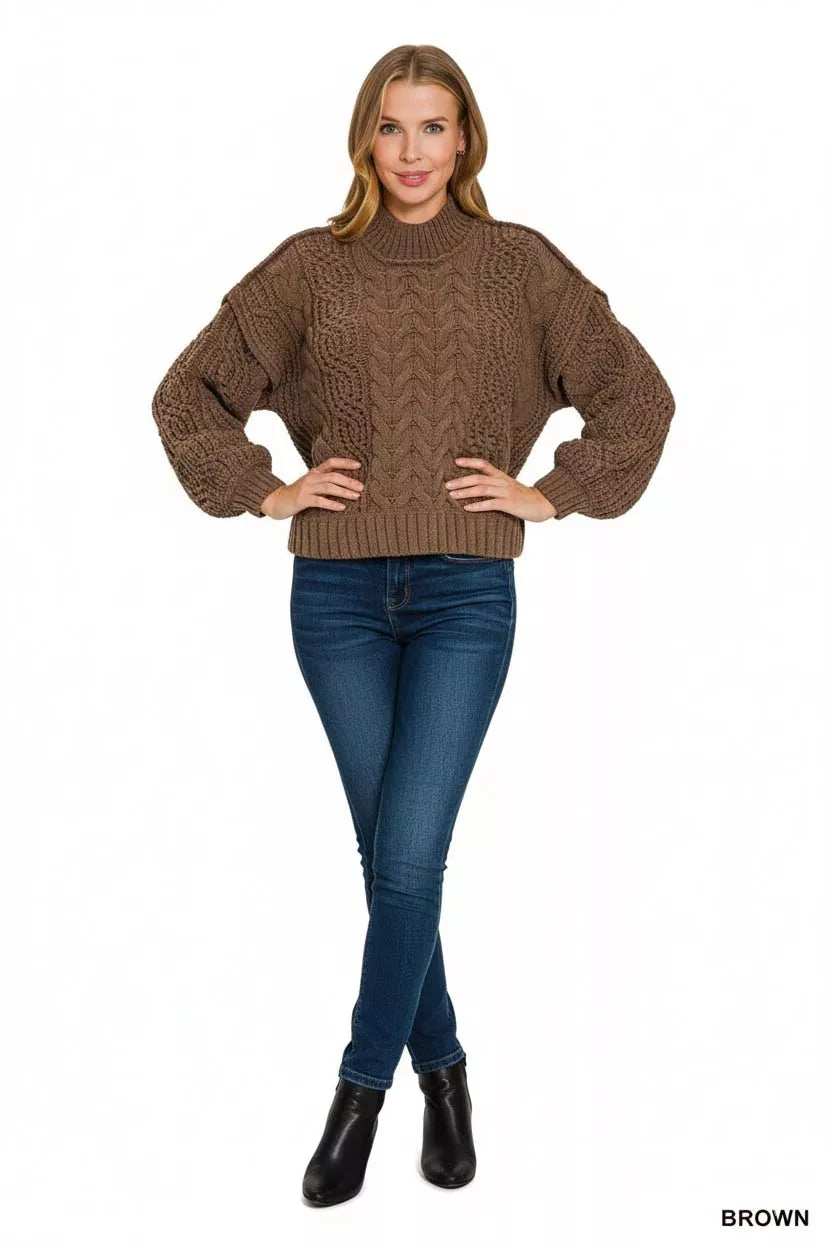 Zenana Cable-Knit Ribbed Turtleneck Sweater - Trendsi - Flyclothing LLC