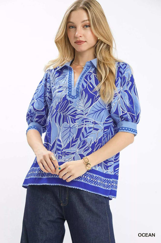 Umgee Tropical Print Puff Sleeve Blouse - Trendsi - Flyclothing LLC