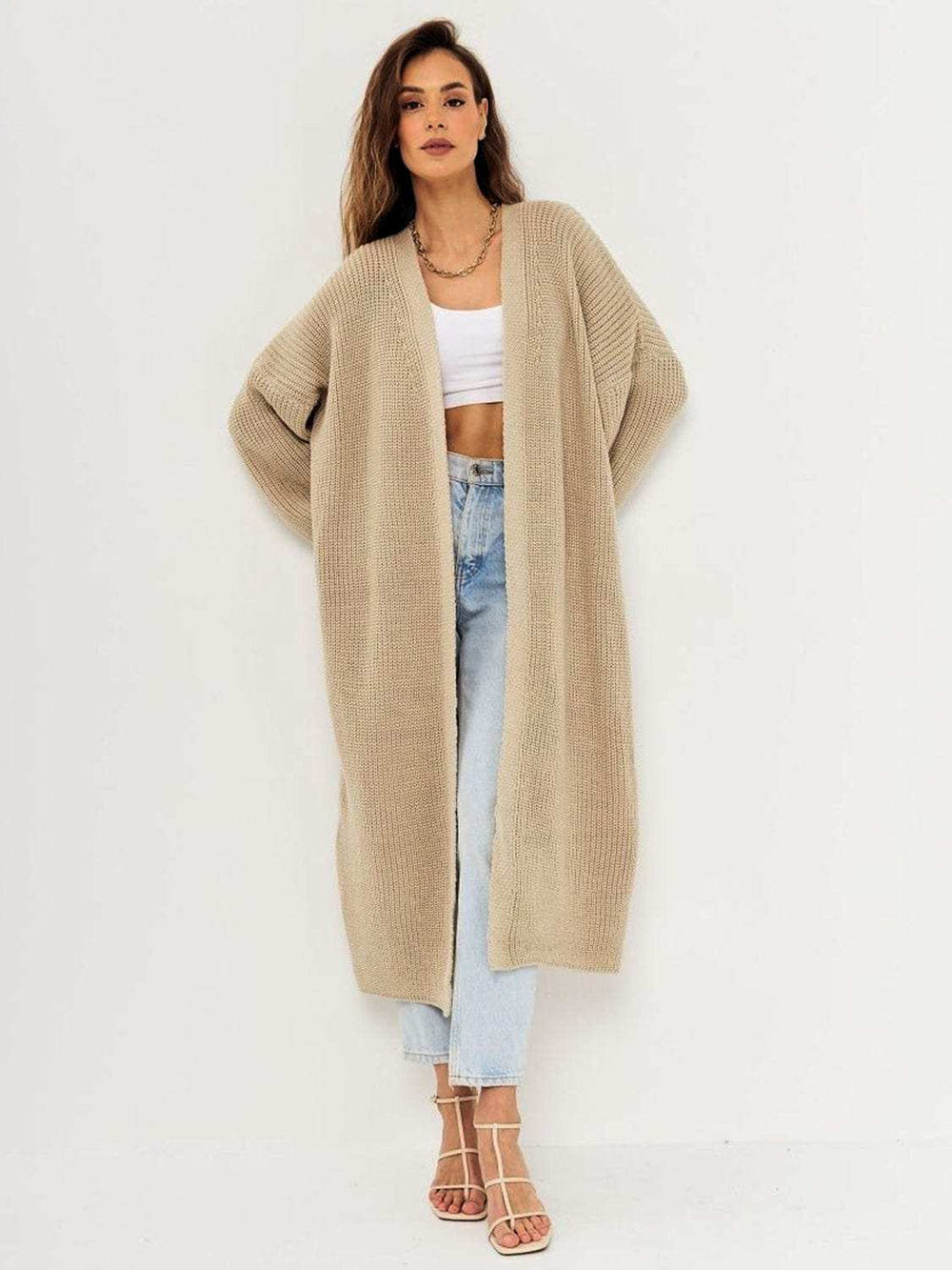 Open Front Long Sleeve Longline Cardigan - Trendsi - Flyclothing LLC