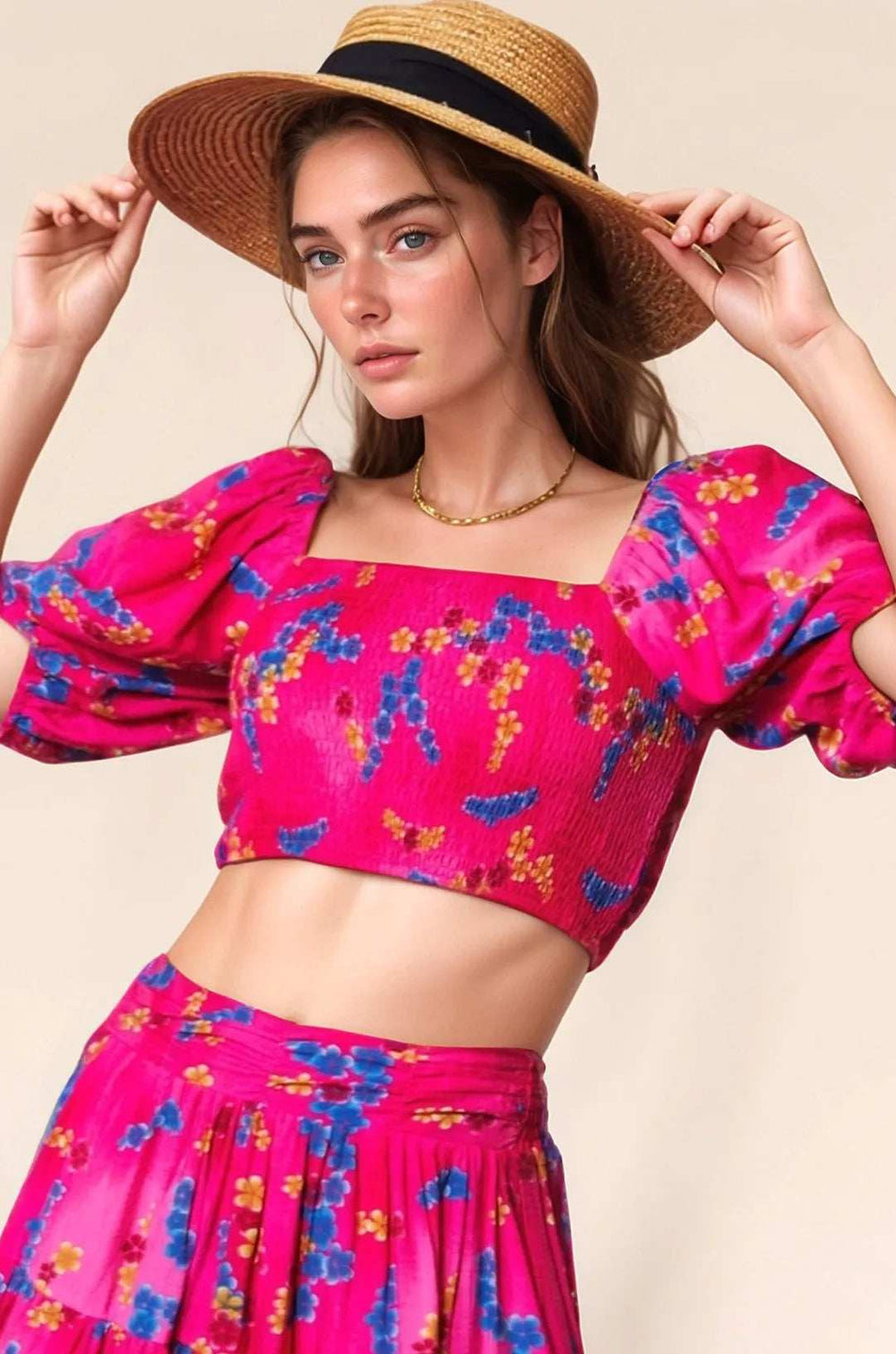 Davi & Dani Smocing Bodice Puff Short Sleeve Printed Crop Top - Trendsi - Flyclothing LLC
