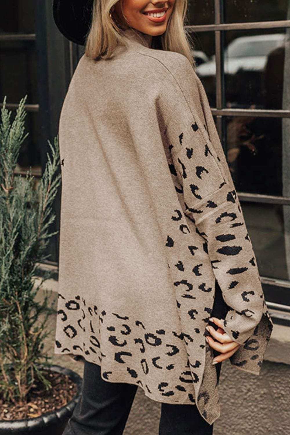 Slit Leopard Mock Neck Dropped Shoulder Sweater - Trendsi - Flyclothing LLC