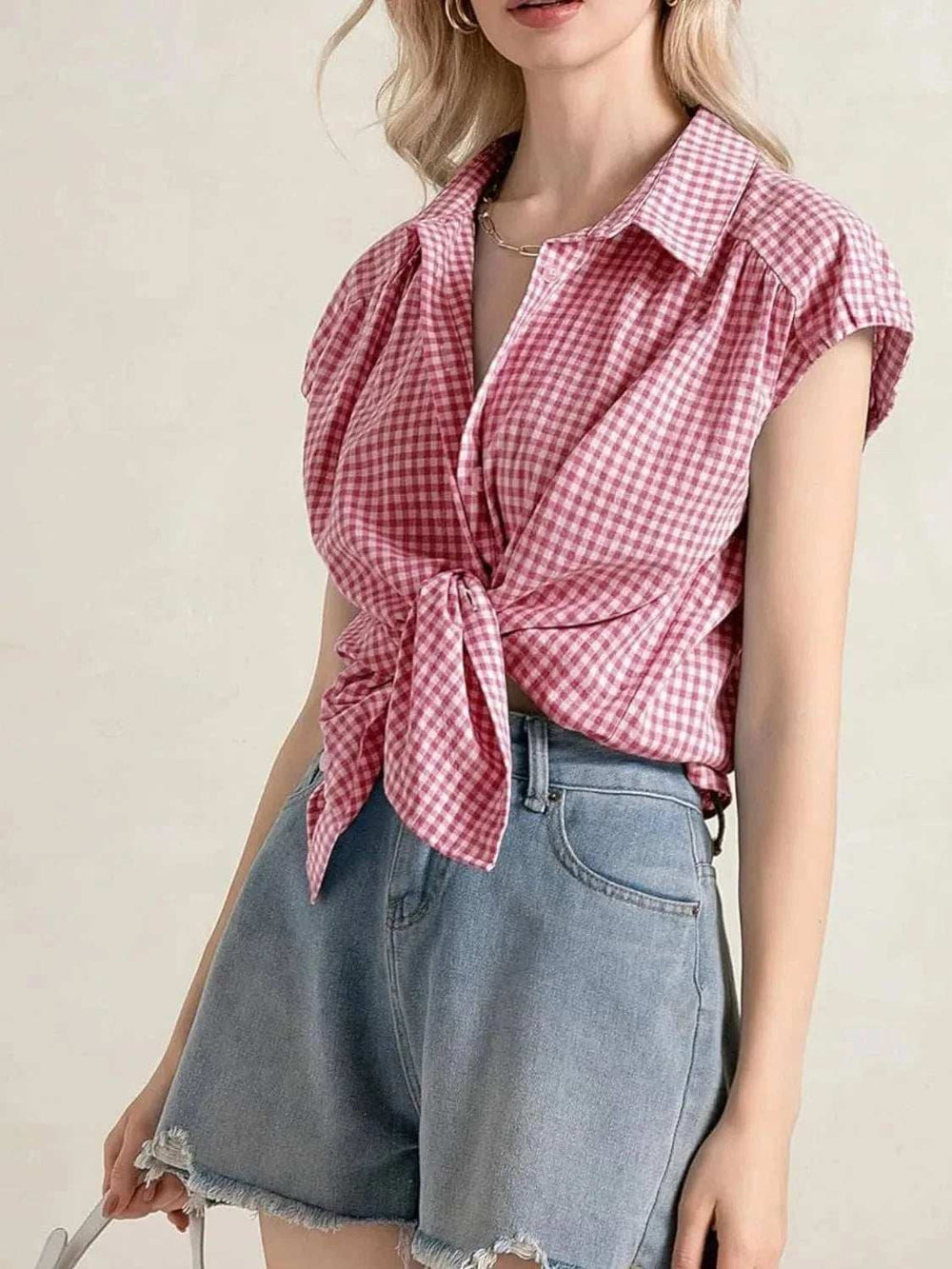 Plaid Button Up Cap Sleeve Shirt - Trendsi - Flyclothing LLC