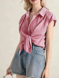 Plaid Button Up Cap Sleeve Shirt - Trendsi - Flyclothing LLC