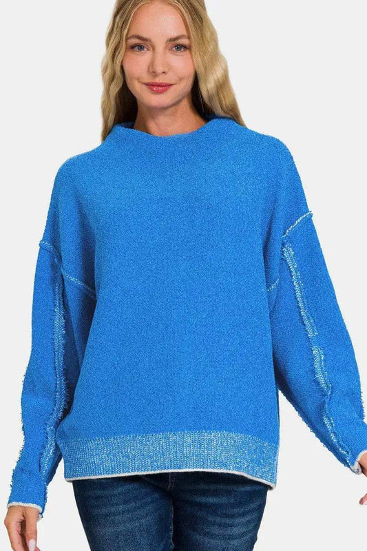 Zenana Exposed Seam Mock Neck Long Sleeve Sweater - Trendsi - Flyclothing LLC