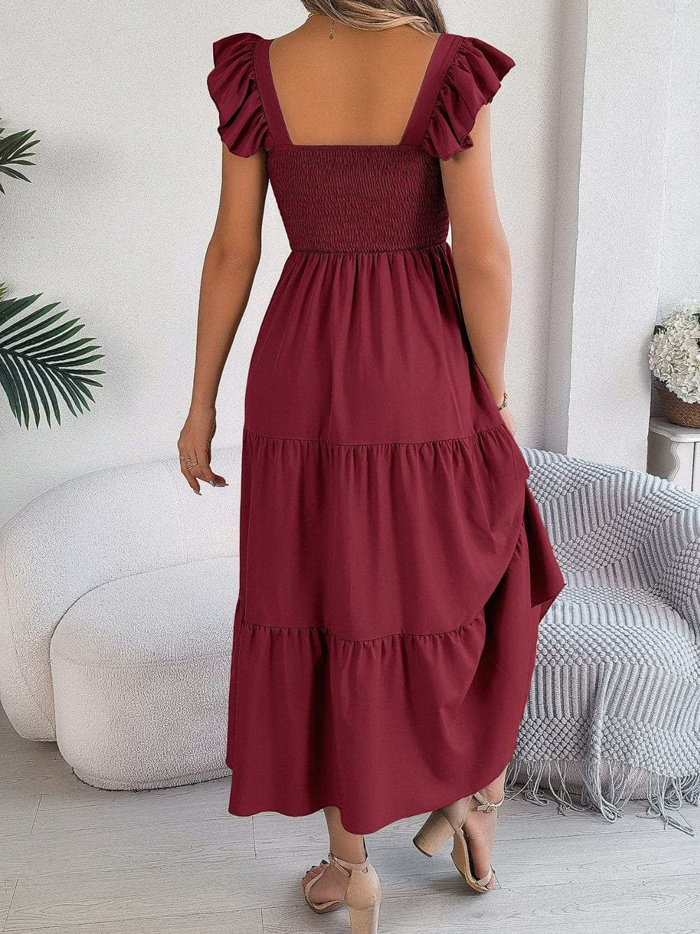 Smocked Square Neck Cap Sleeve Midi Dress - Trendsi - Flyclothing LLC