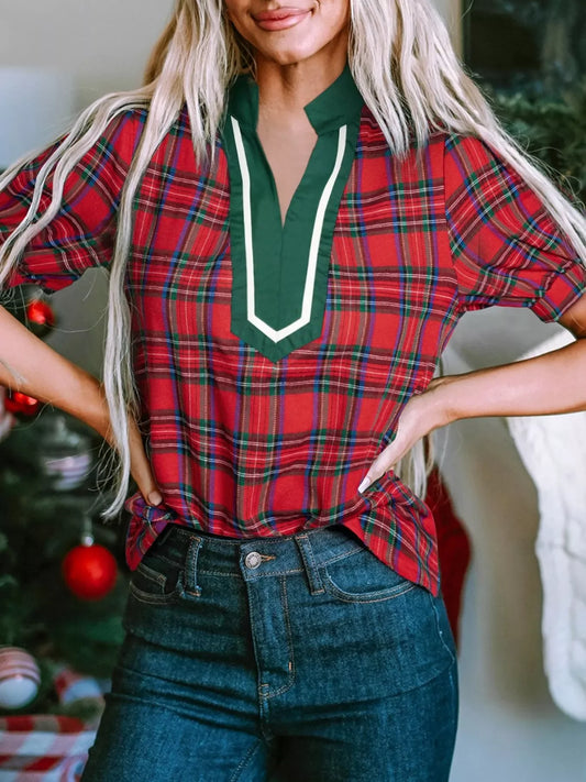 Plaid Notched Short Sleeve Blouse - Trendsi - Flyclothing LLC