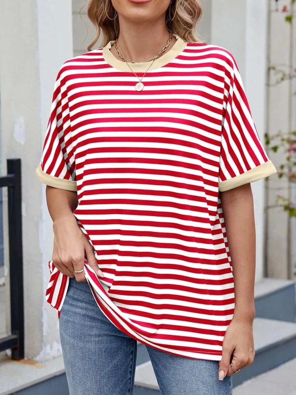 Striped Round Neck Half Sleeve T-Shirt - Trendsi - Flyclothing LLC