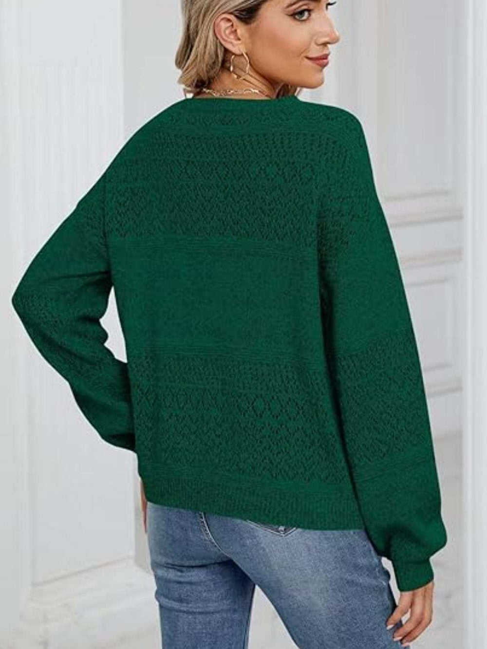 Eyelet V-Neck Long Sleeve Sweater - Trendsi - Flyclothing LLC