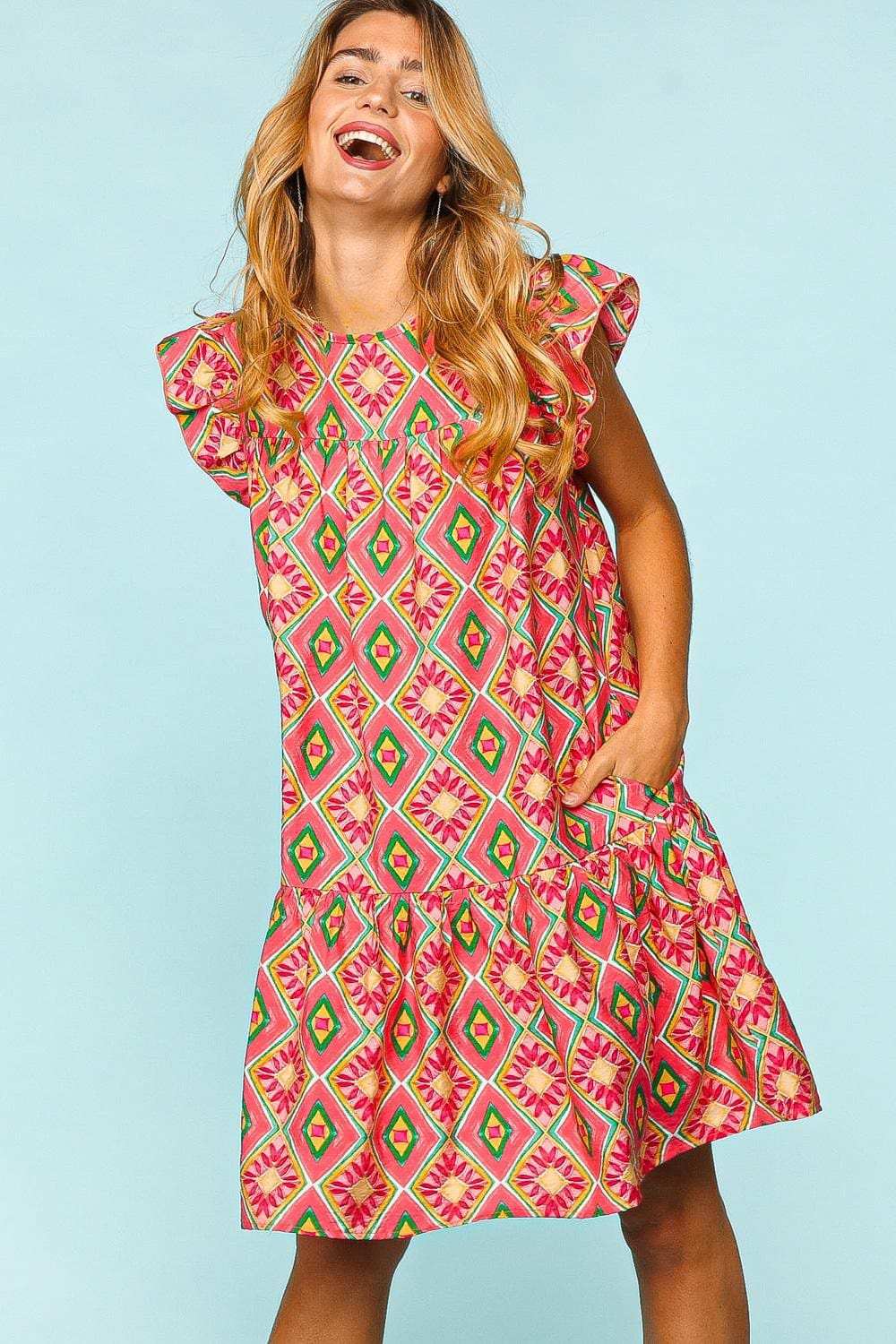 Haptics Full Size Ruffled Printed Dress with Side Pockets - Trendsi - Flyclothing LLC