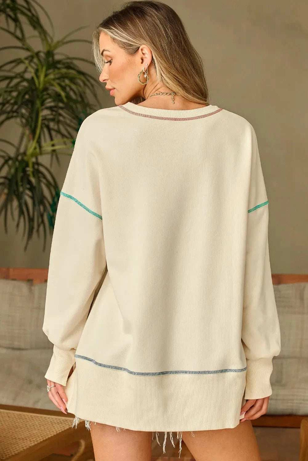 High-Low Contrast Stitching Round Neck Sweatshirt - Trendsi - Flyclothing LLC