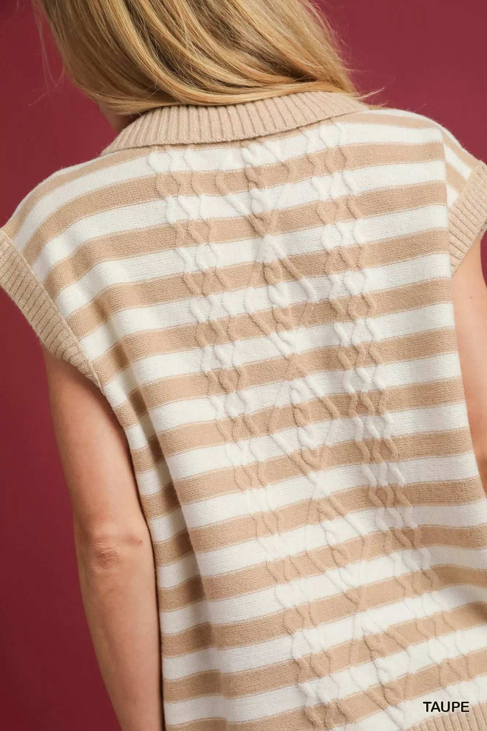 Umgee Cable Knit Collared Striped Vest Sweater - Trendsi - Flyclothing LLC