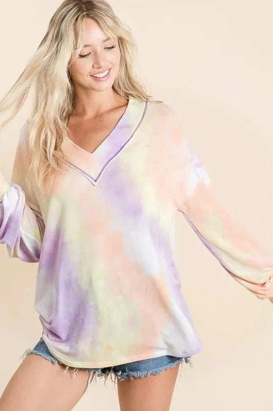 BiBi Tie Dye French Terry V-Neck Top with Puff Sleeves - Trendsi - Flyclothing LLC