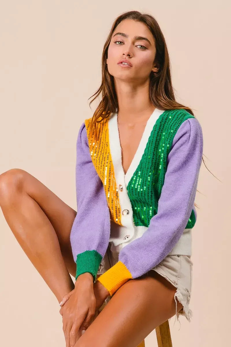 BiBi Mardi Gras Color Block Sequin Sweater Cardigan - Trendsi - Flyclothing LLC